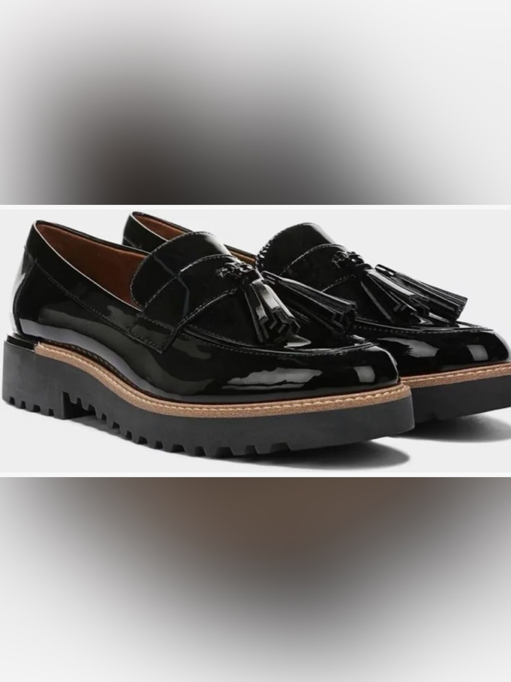 Franco Sarto Black Patent Tassel Loafers with Lug Sole 9.5M